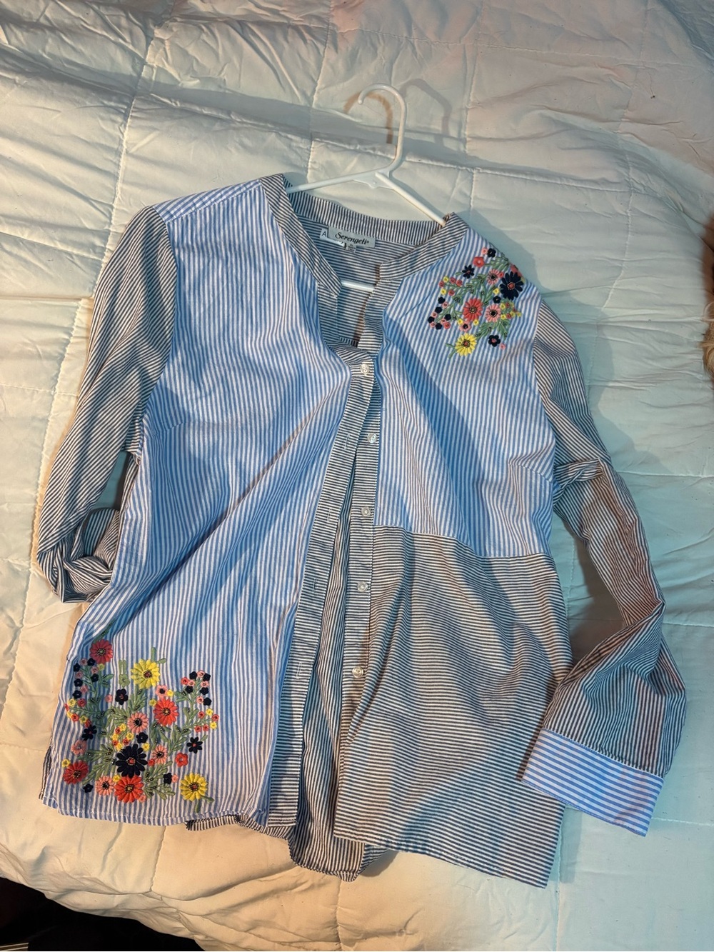 J. Jill Light Blue Embroidered Striped Cotton Blouse - Picture 3 of 8